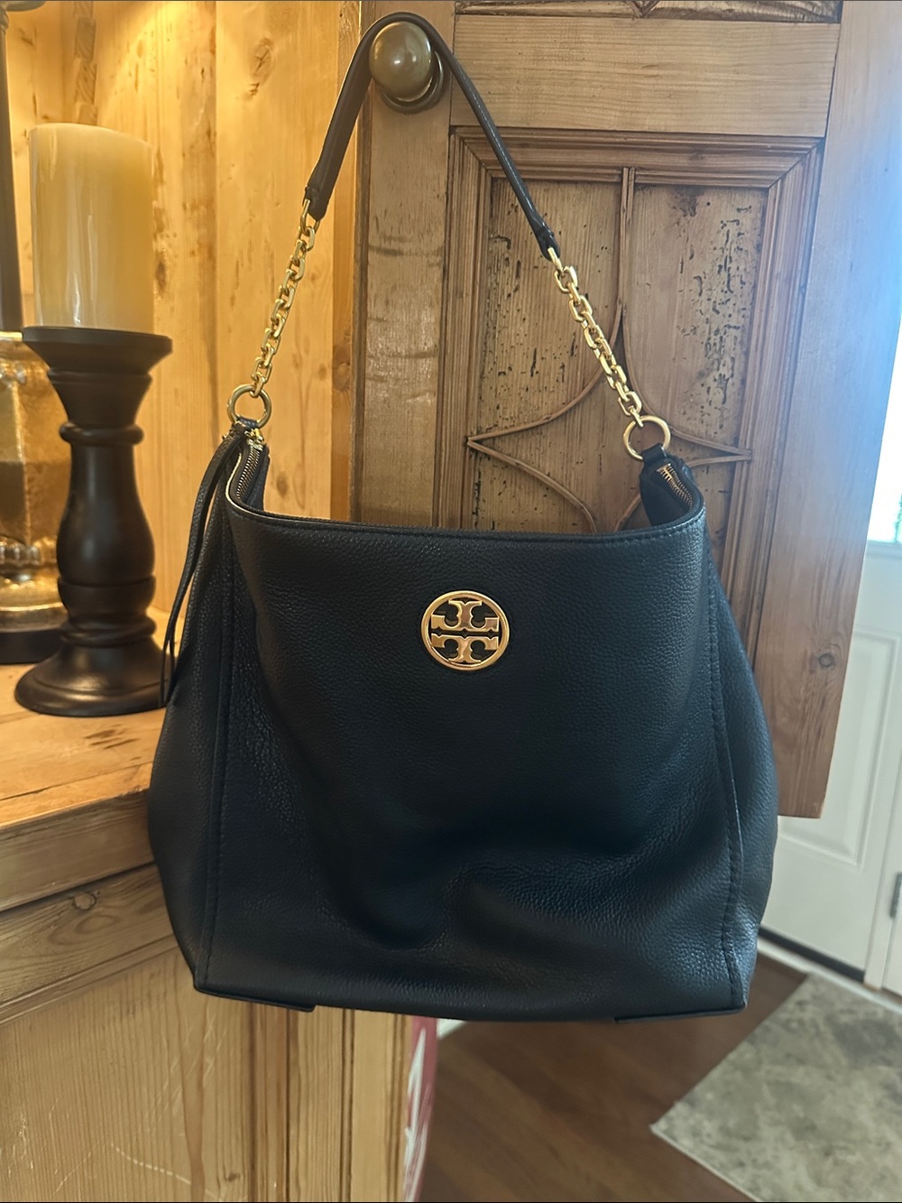 Tory Burch Black Pebbled Leather Shoulder Bag with Gold Logo